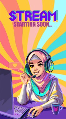 Muslim girl gamer or streamer in a hijab and a headset sits at a computer with some drink and snaks on a table. Cartoon anime style. Vector character isolated over an abstract radiant background
