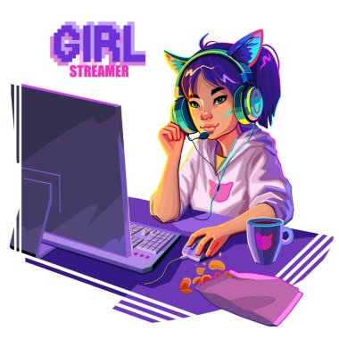 Asian girl gamer or streamer with with cat ears headset sits at a computer. Cartoon anime style. Vector character isolated on white background