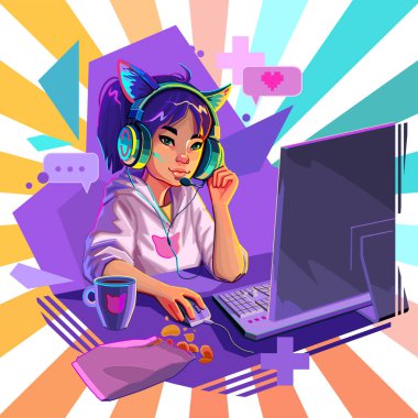 Asian girl gamer or streamer with cat ears headset sits at a computer with an abstract geometric backdrop. Cartoon anime style. Vector character isolated on white background