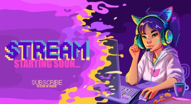 Asian girl gamer or streamer with cat ears headset sits at a computer with some drink and snaks on a table. Cartoon anime style. Vector character with a notificational phrase over