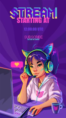 Asian girl gamer or streamer in a hijab and a headset sits at a computer with some drink and snaks on a table. Cartoon anime style. Vector character isolated over an abstract radiant background