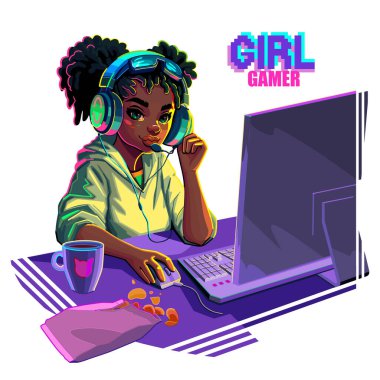 African girl gamer or streamer with with cat ears headset sits at a computer. Cartoon anime style. Vector character isolated on white background