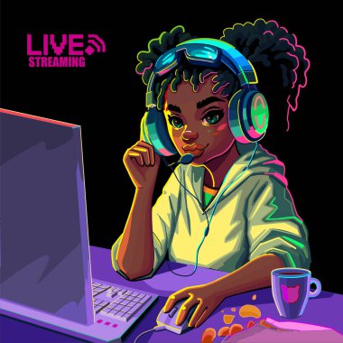 African girl gamer or streamer with with cat ears headset sits at a computer. Cartoon anime style. Vector character isolated on a black background