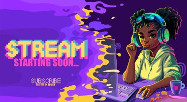 African girl gamer or streamer with cat ears headset sits at a computer with some drink and snaks on a table. Cartoon anime style. Vector character with a notificational phrase over
