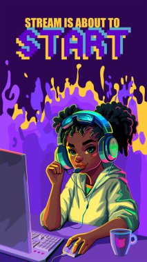 African girl gamer or streamer with cat ears headset sits at a computer with some drink and snaks on a table. Cartoon anime style. Vector character over an abstract lava lamp backdrop