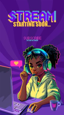 African girl gamer or streamer in a hijab and a headset sits at a computer with some drink and snaks on a table. Cartoon anime style. Vector character isolated over an abstract radiant background