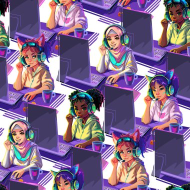 Abstract seamless pattern of diverse girls gamers or streamers sits in front of a computers. Vector repeated design
