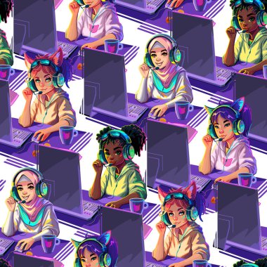 Abstract seamless pattern of diverse girls gamers or streamers sits in front of a computers. Vector repeated design clipart