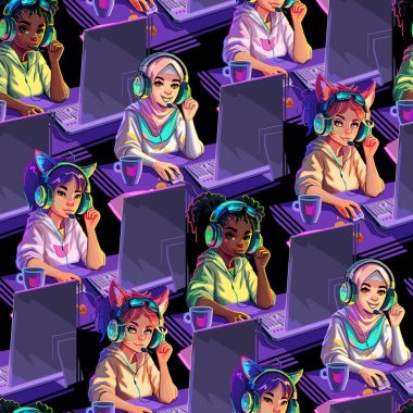 Abstract seamless pattern of diverse girls gamers or streamers sits in front of a computers. Vector repeated design