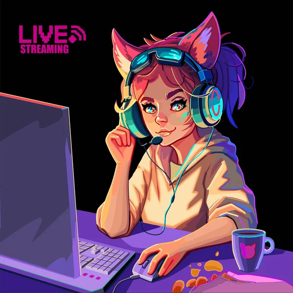 Girl gamer or streamer with cat ears headset sits at a computer with some drink and snaks on a table. Cartoon anime style. Vector character isolated on black background