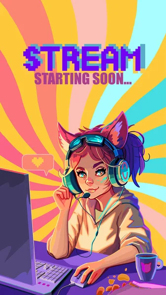 Girl gamer or streamer with cat ears headset sits at a computer. Cartoon anime style. Vector character isolated on white background