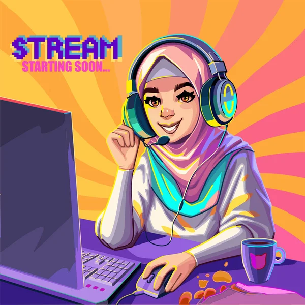 Muslim girl gamer or streamer in a hijab and a headset sits at a computer with some drink and snaks on a table. Cartoon anime style. Vector character isolated on an abstract radiant background