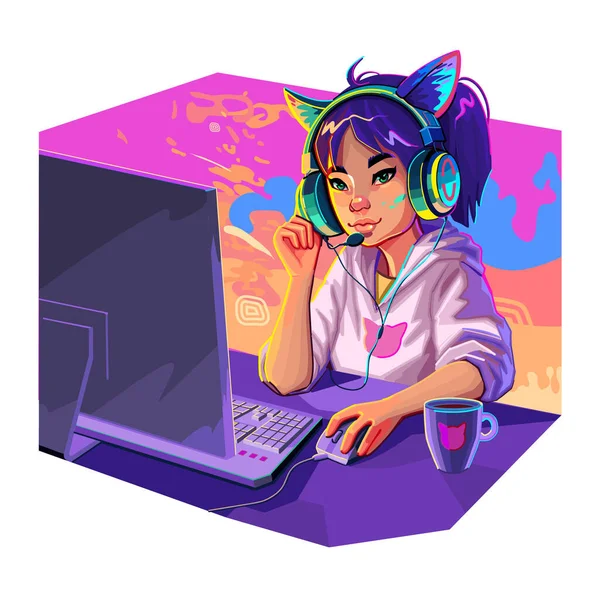 Asian Girl Gamer Streamer Cat Ears Headset Sits Computer Abstract — Stock Vector