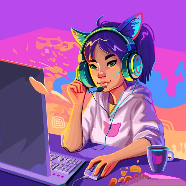 Asian girl gamer or streamer with cat ears headset sits at a computer with some drink and snaks on a table. Cartoon anime style. Vector character over an abstract lava lamp backdrop