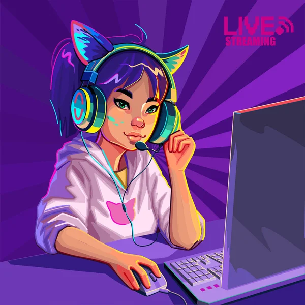 Asian Girl Gamer Streamer Cat Ears Headset Sits Computer Some — ストックベクタ