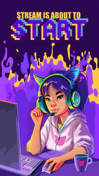 Asian girl gamer or streamer with cat ears headset sits at a computer with some drink and snaks on a table. Cartoon anime style. Vector character over an abstract lava lamp backdrop