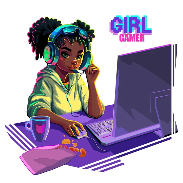 African Girl Gamer Streamer Cat Ears Headset Sits Computer Cartoon — Stockvektor