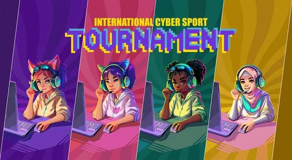 Diverse Girls Gamers Streamers Sitting Computer Headset International Cyber Sport — Stok Vektör