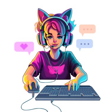 Girl gamer or streamer with cat ears headset sits in front of a computer with her mouse and keyboard. Cartoon anime style. Vector character isolated on white background