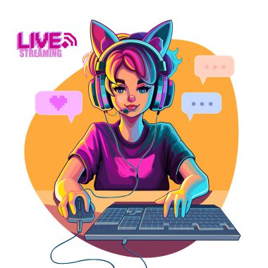 Girl gamer or streamer with cat ears headset sits in front of a computer with her mouse and keyboard. Cartoon anime style. Vector character isolated on white background