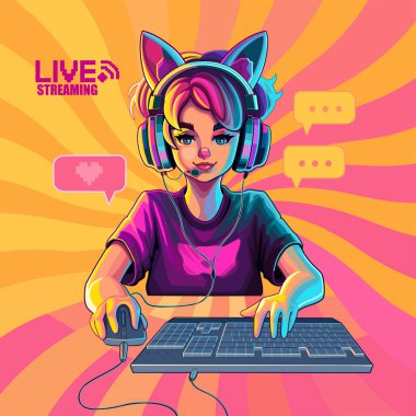 Girl gamer or streamer with cat ears headset sits in front of a computer with her mouse and keyboard. Cartoon anime style. Vector character isolated on an absctract radiant background