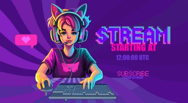 Girl gamer or streamer with cat ears headset sits in front of a computer with her mouse and keyboard. Cartoon anime style. Vector character isolated on an absctract radiant background