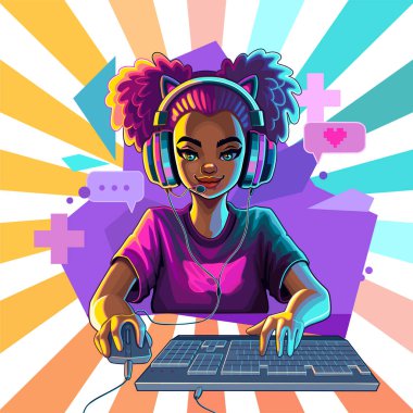 African girl gamer or streamer with cat ears headset sits in front of a computer with her mouse and keyboard. Cartoon anime style. Vector character isolated on an absctract geometric background