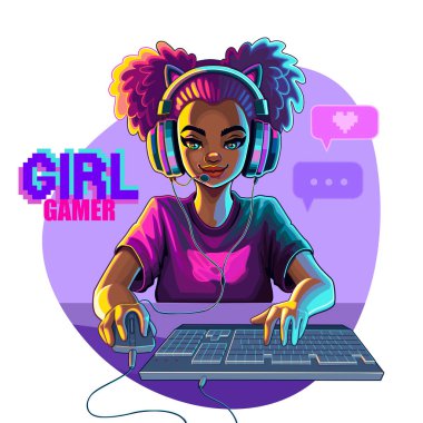 African girl gamer or streamer with cat ears headset sits in front of a computer with her mouse and keyboard. Cartoon anime style. Vector character isolated on white background