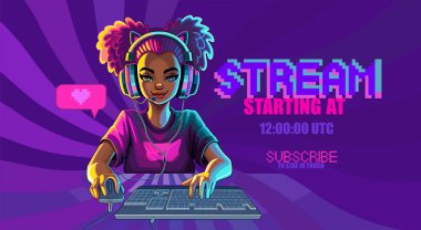 African girl gamer or streamer with cat ears headset sits in front of a computer with her mouse and keyboard. Cartoon anime style. Vector character isolated on an absctract radiant background