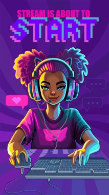 African girl gamer or streamer with cat ears headset sits in front of a computer with her mouse and keyboard. Cartoon anime style. Vector character isolated on an absctract radiant background