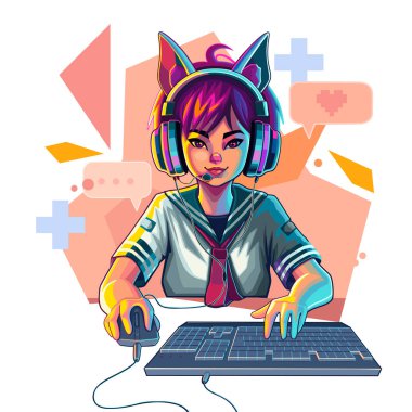 Asian girl gamer or streamer with cat ears headset sits in front of a computer with her mouse and keyboard. Cartoon anime style. Vector character isolated on an absctract geometric background