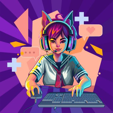 Asian girl gamer or streamer with cat ears headset sits in front of a computer with her mouse and keyboard. Cartoon anime style. Vector character isolated on an absctract geometric background