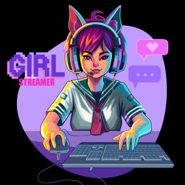Asian girl gamer or streamer with cat ears headset sits in front of a computer with her mouse and keyboard. Cartoon anime style. Vector character isolated on black background