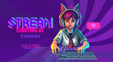 Asian girl gamer or streamer with cat ears headset sits in front of a computer with her mouse and keyboard. Cartoon anime style. Vector character isolated on an absctract radiant background