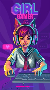 Asian girl gamer or streamer with cat ears headset sits in front of a computer with her mouse and keyboard. Cartoon anime style. Vector character isolated on white background