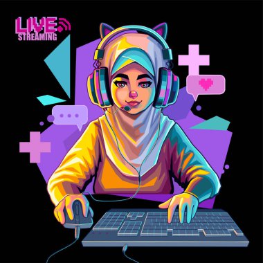 Muslim girl gamer or streamer with cat ears headset sits in front of a computer with her mouse and keyboard. Cartoon anime style. Vector character isolated on white background
