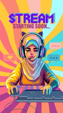 Muslim girl gamer or streamer with cat ears headset sits in front of a computer with her mouse and keyboard. Cartoon anime style. Vector character isolated on white background