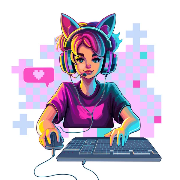 带着猫耳朵耳机的女游戏玩家或管弦乐手 带着鼠标和键盘坐在电脑前 抽象像素装饰 卡通动漫风格 在白色背景上孤立的向量字符 — 图库矢量图片