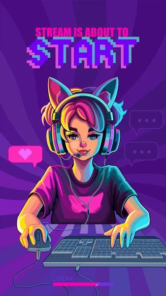 Girl Gamer Streamer Cat Ears Headset Sits Front Computer Her — Vector de stock