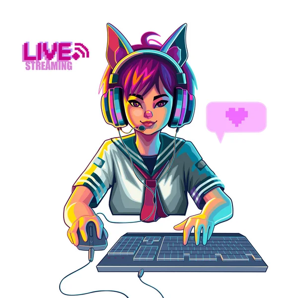Asian Girl Gamer Streamer Cat Ears Headset Sits Front Computer — 스톡 벡터