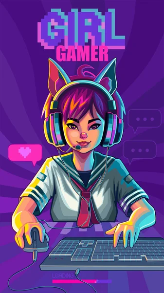Asian Girl Gamer Streamer Cat Ears Headset Sits Front Computer — Stockvektor