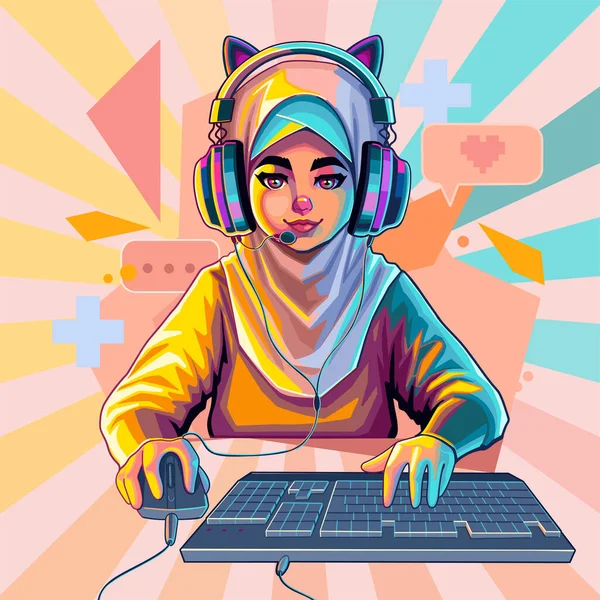 Muslim Girl Gamer Streamer Cat Ears Headset Sits Front Computer — Vetor de Stock