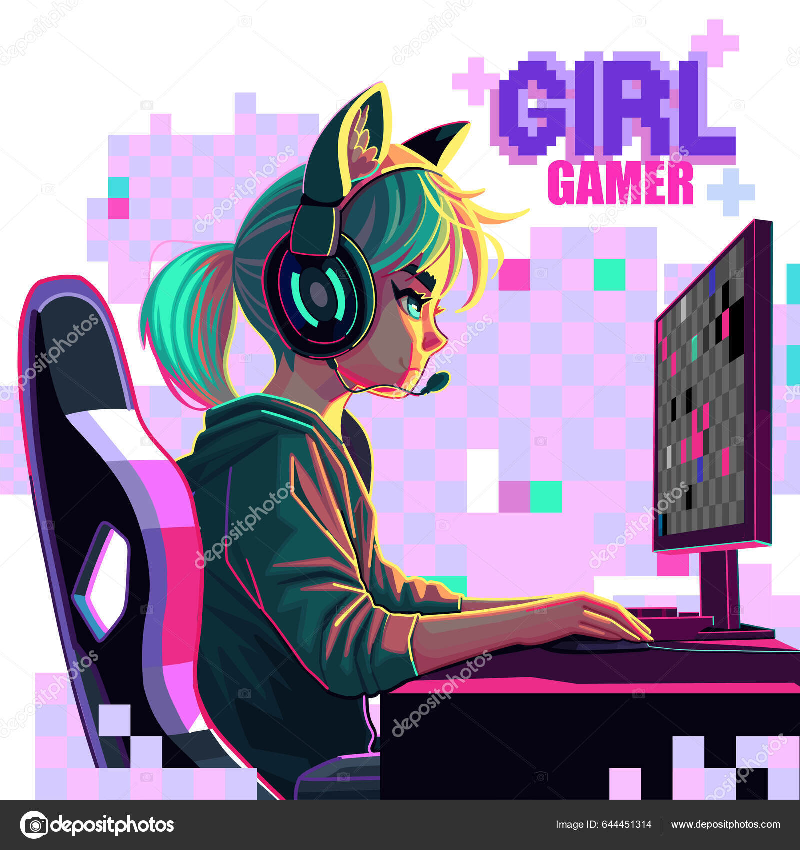 Equipe Meninas Diversificadas Gamers Streamers Sentado Computador Fone  Ouvido Abstrato imagem vetorial de homunkulus28© 655113090