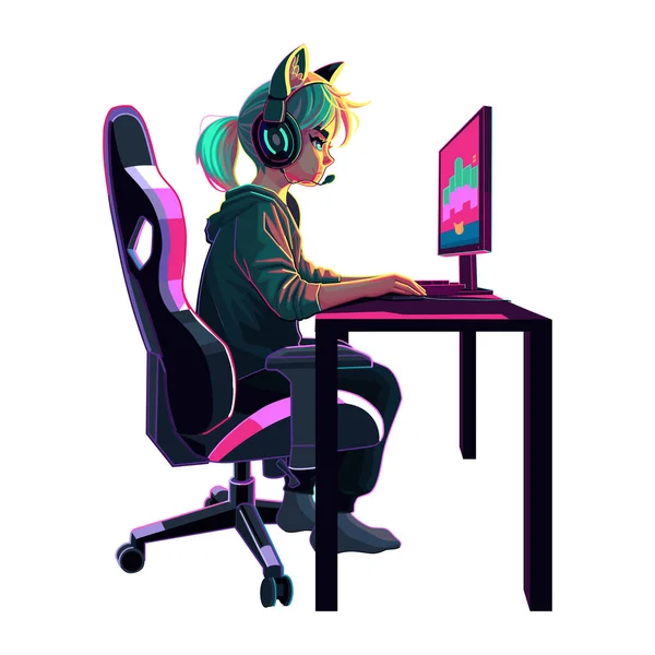 女游戏玩家或带着猫耳朵耳机的飘飘欲仙者坐在电脑前 侧面看 卡通动漫风格 在白色背景上孤立的向量字符 — 图库矢量图片