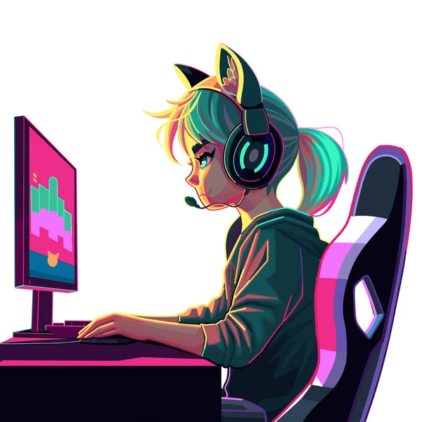 Girl Gamer Streamer Cat Ears Headset Sits Front Computer Side — Stock Vector