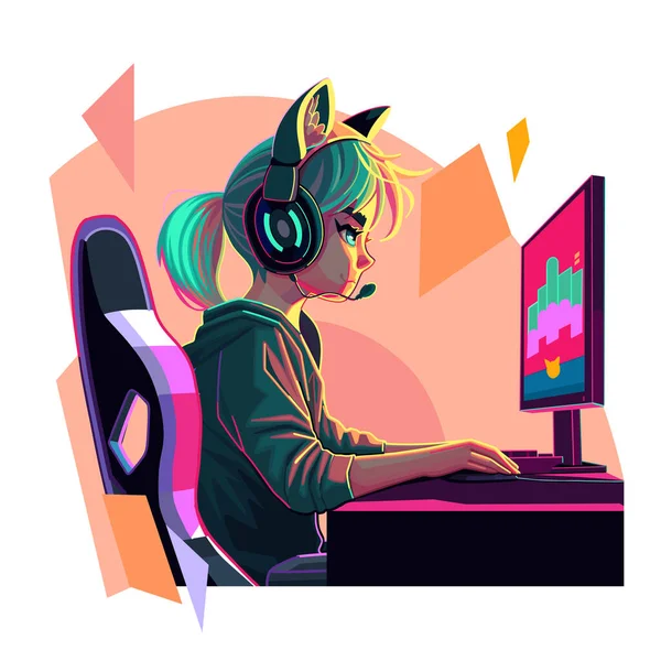 Dziewczyna Gracz Lub Serpentyna Kotem Uszy Słuchawki Siedzi Przed Komputerem — Wektor stockowy
