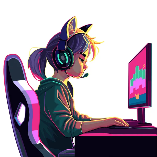 带着猫耳朵耳机的亚洲女孩游戏玩家或流媒体玩家坐在电脑前 侧面看 卡通动漫风格 在白色背景上孤立的向量字符 — 图库矢量图片