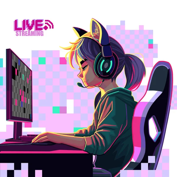 Ασιάτισσα Gamer Κορίτσι Streamer Ακουστικά Αυτιά Γάτας Κάθεται Μπροστά Από — Διανυσματικό Αρχείο