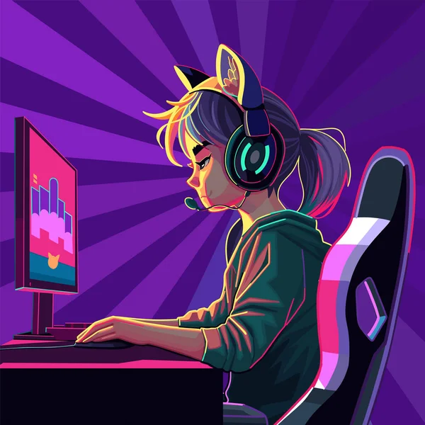 Asian Girl Gamer Streamer Cat Ears Headset Sits Front Computer — Stock Vector