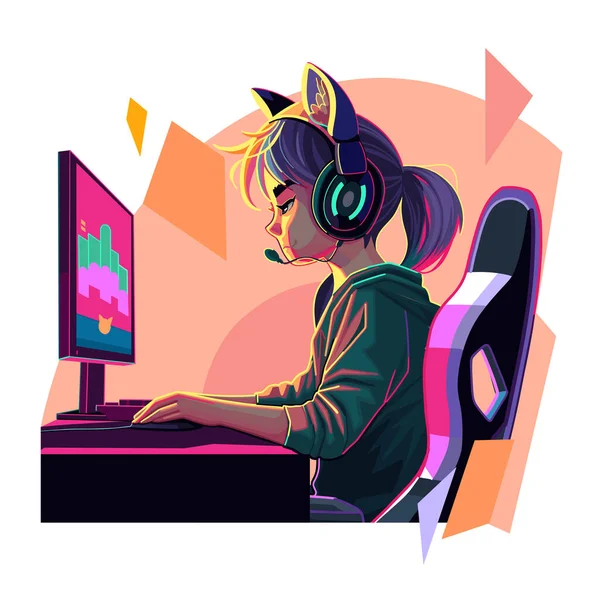 带着猫耳朵耳机的亚洲女孩游戏玩家或流媒体 在电脑前观看抽象的图形作文 侧面看 卡通动漫风格 白色背景下孤立的矢量字符设计 — 图库矢量图片